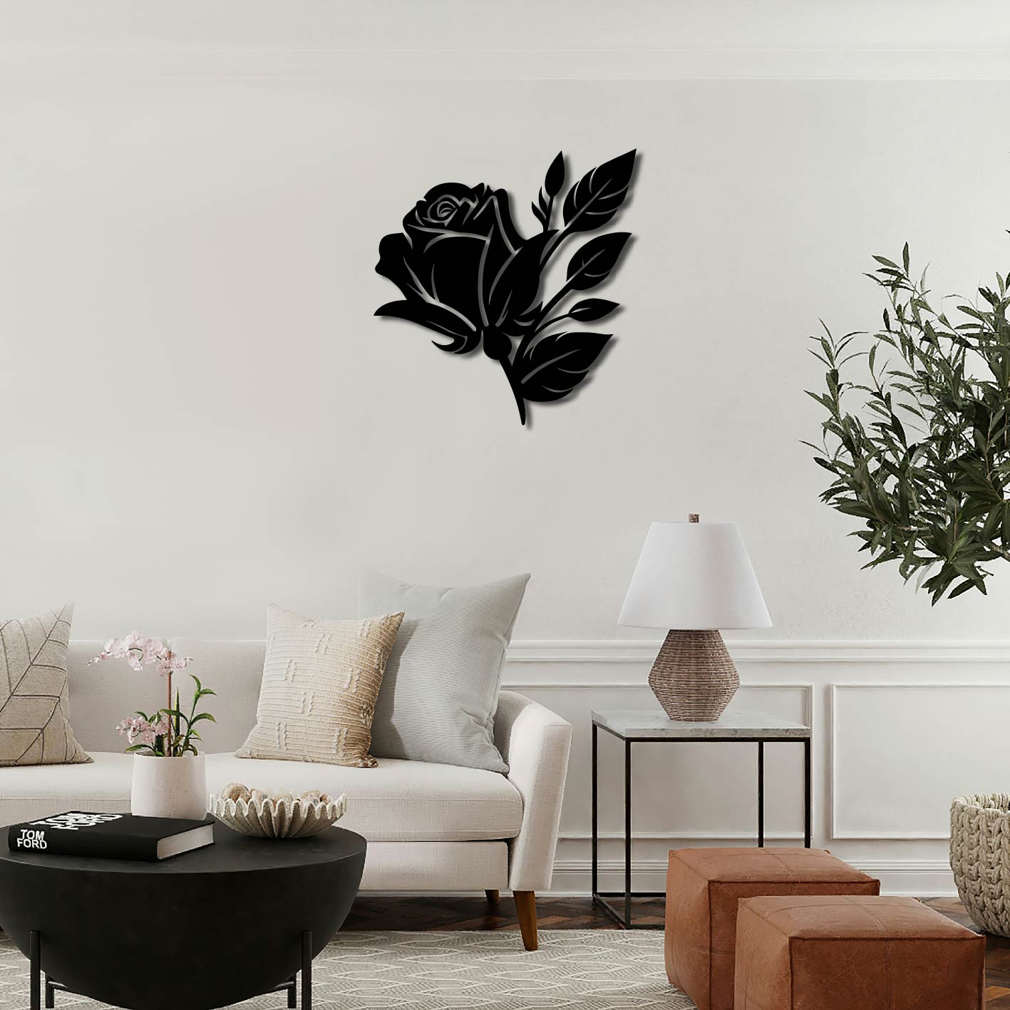 ROSE AND LEAVES METAL WALL ART