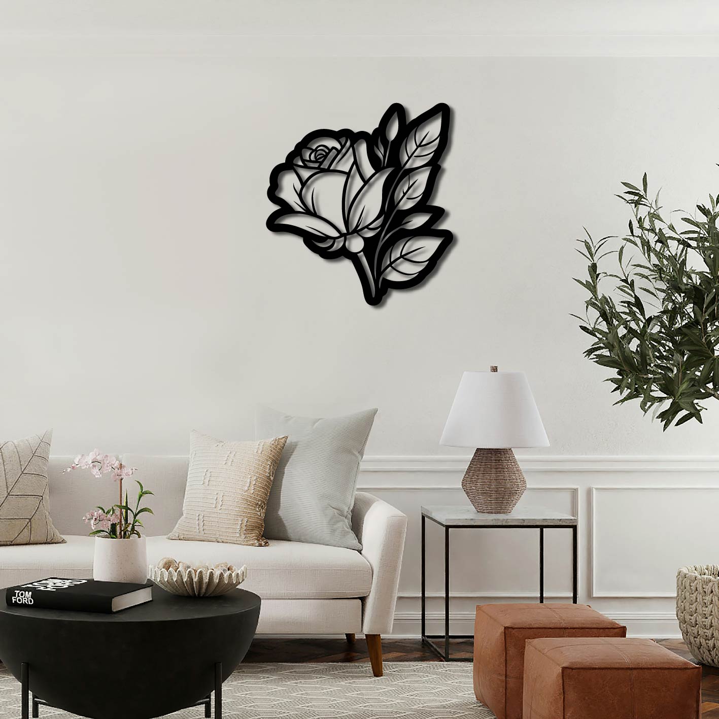 ROSE AND LEAVES INVERTED METAL WALL ART