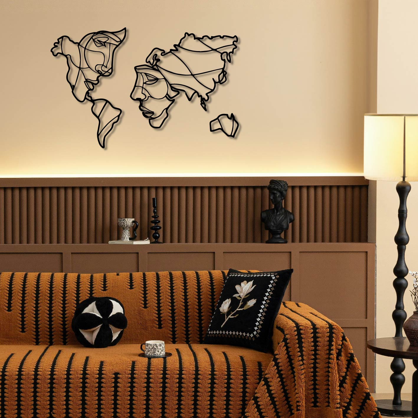 WORLD MAP FACES METAL WALL ART
