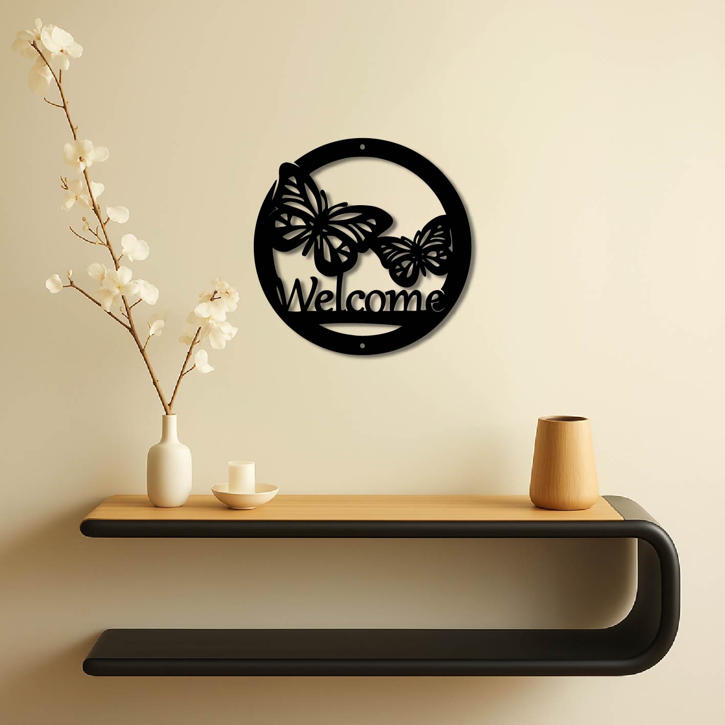 WELCOME BUTTERFLIES SIGN METAL WALL ART