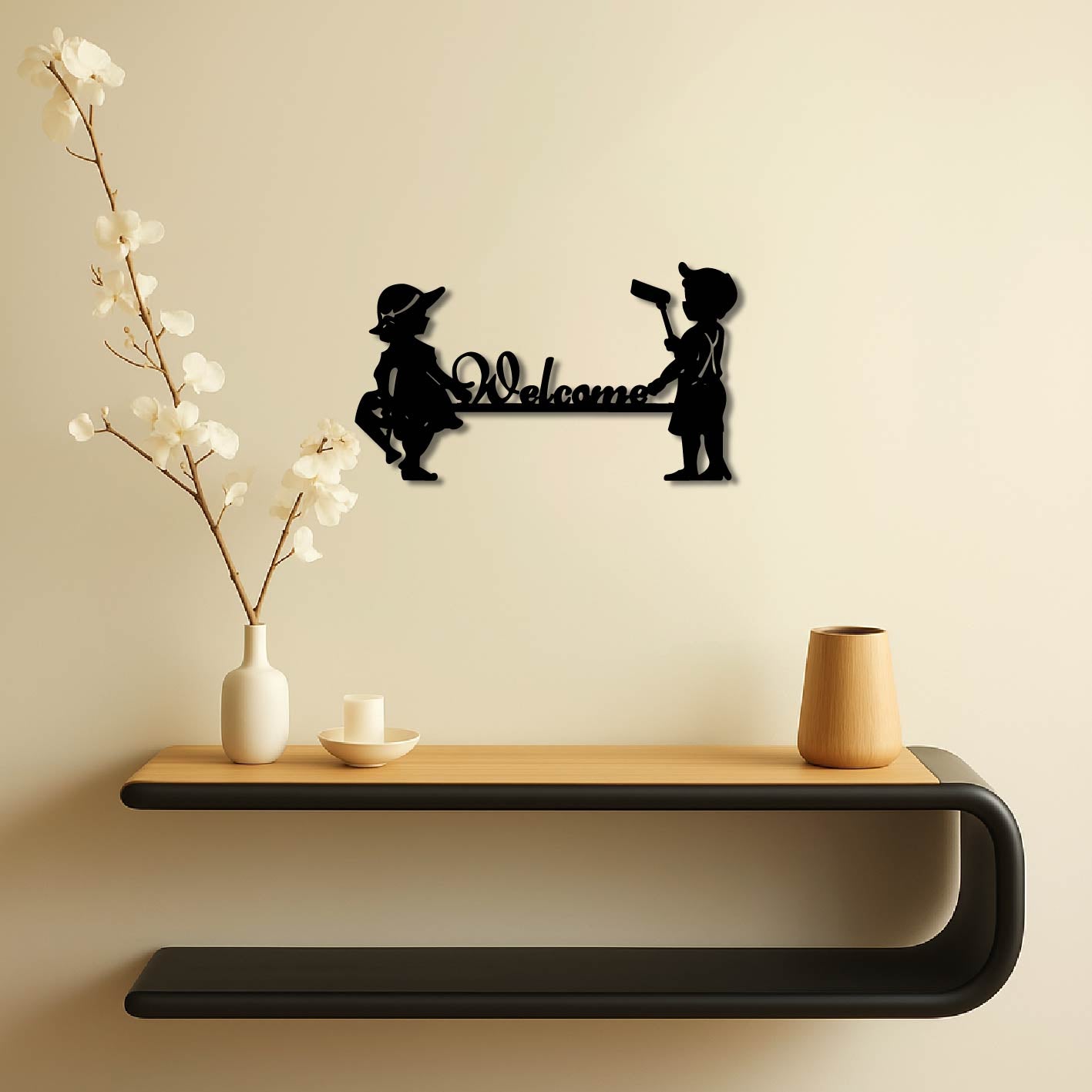 WELCOME CUTE BOY AND GIRL SIGN METAL WALL ART