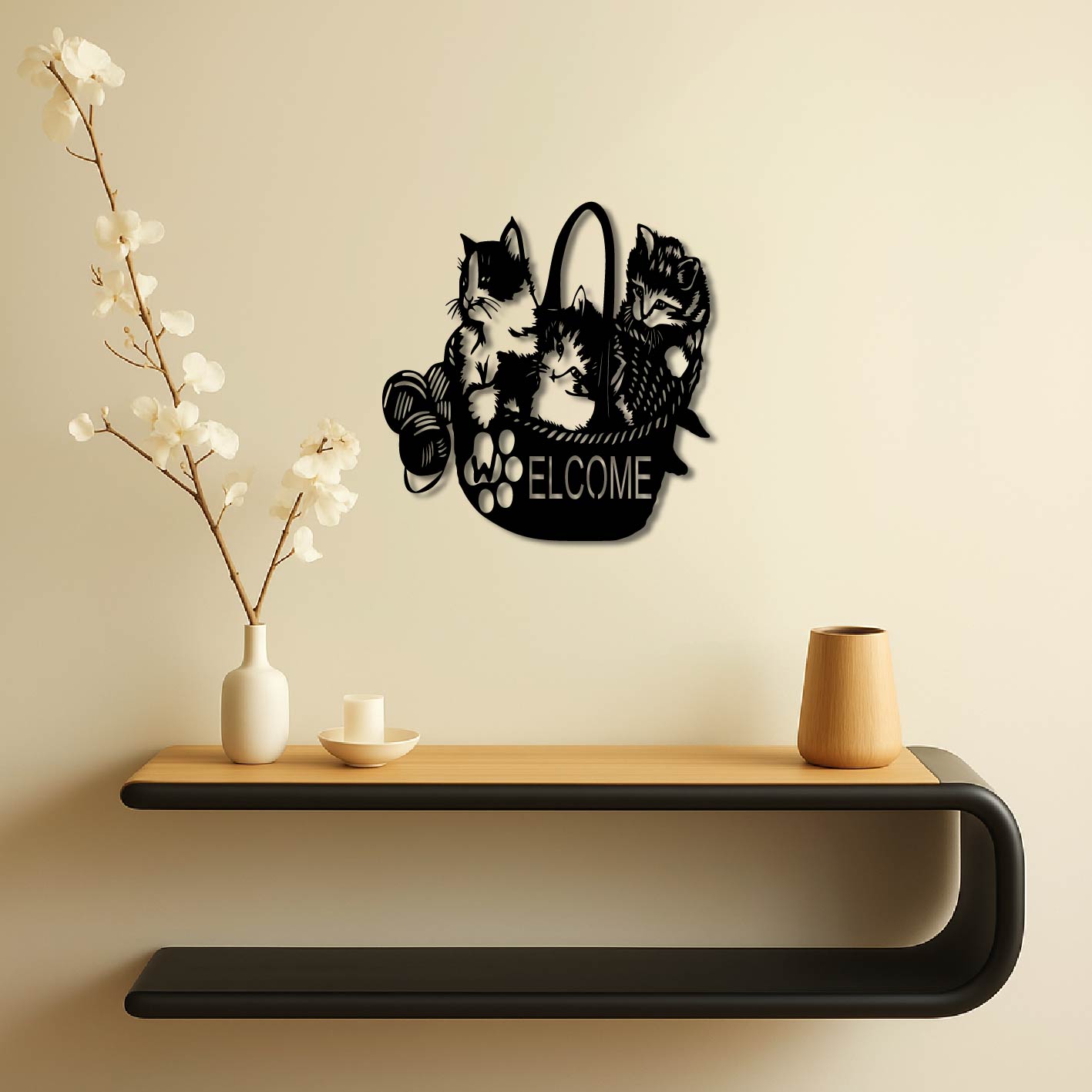 WELCOME CATS IN BASKET METAL WALL ART