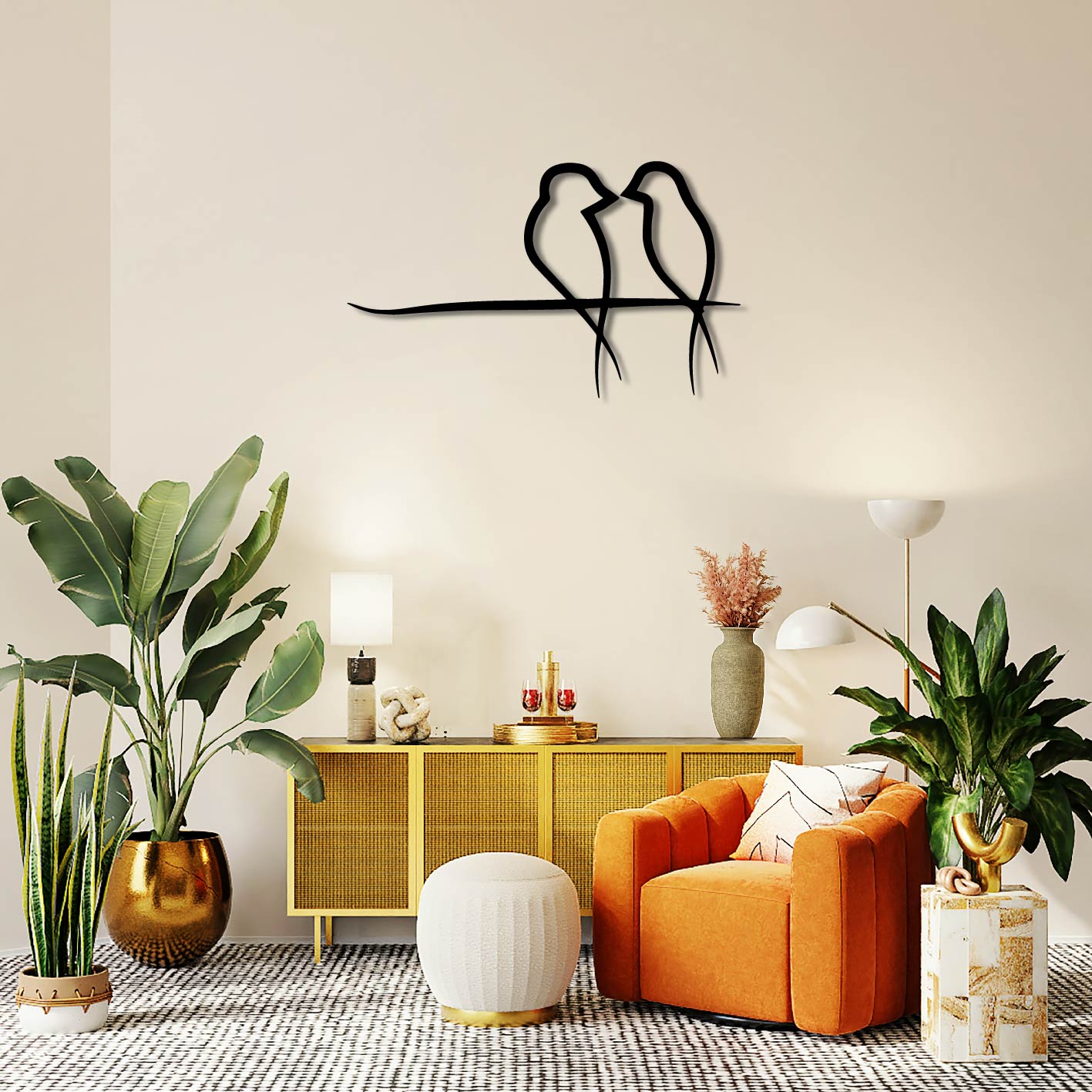Love Birds (Birds Sitting On A Branch) Metal Wall Art Frame