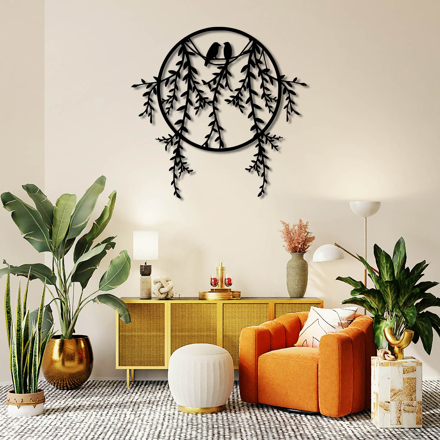 CIRCLE BIRDS ON BRANCH METAL WALL ART