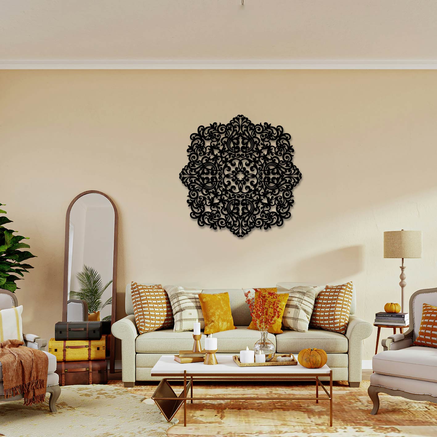 DETAILED FLORAL PATTERN MANDALA METAL WALL ART