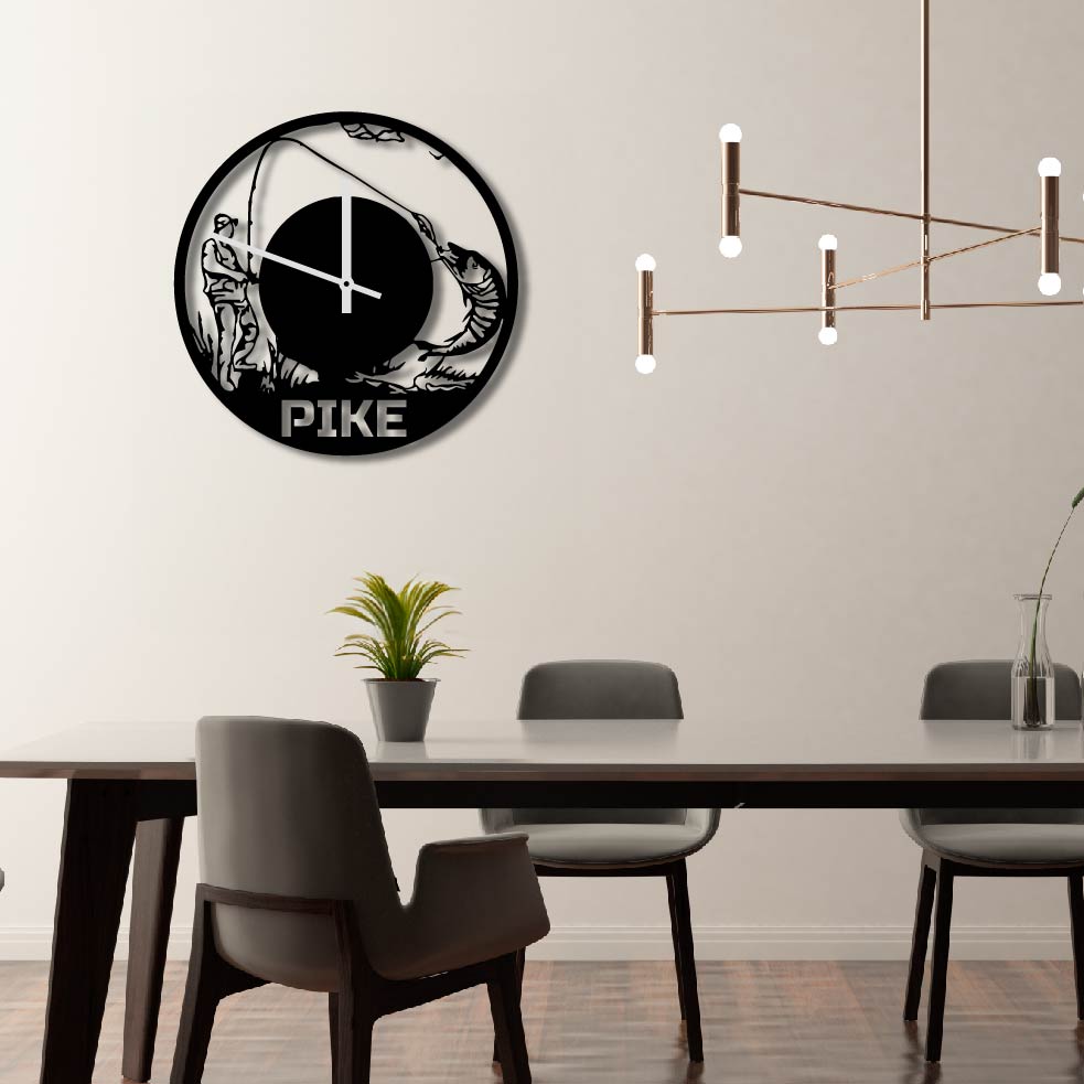 PIKE FISHING METAL WALL ART CLOCK