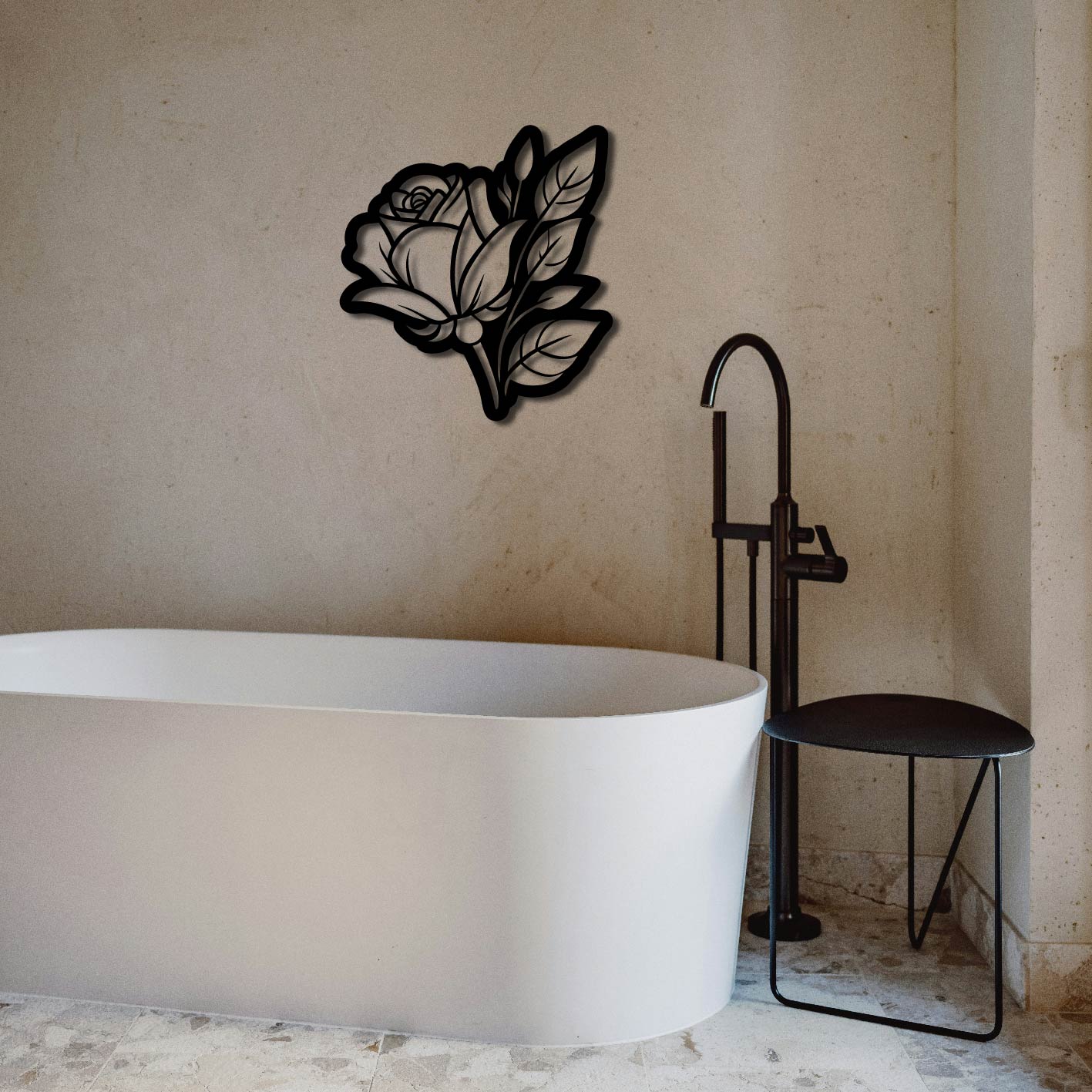 ROSE AND LEAVES INVERTED METAL WALL ART