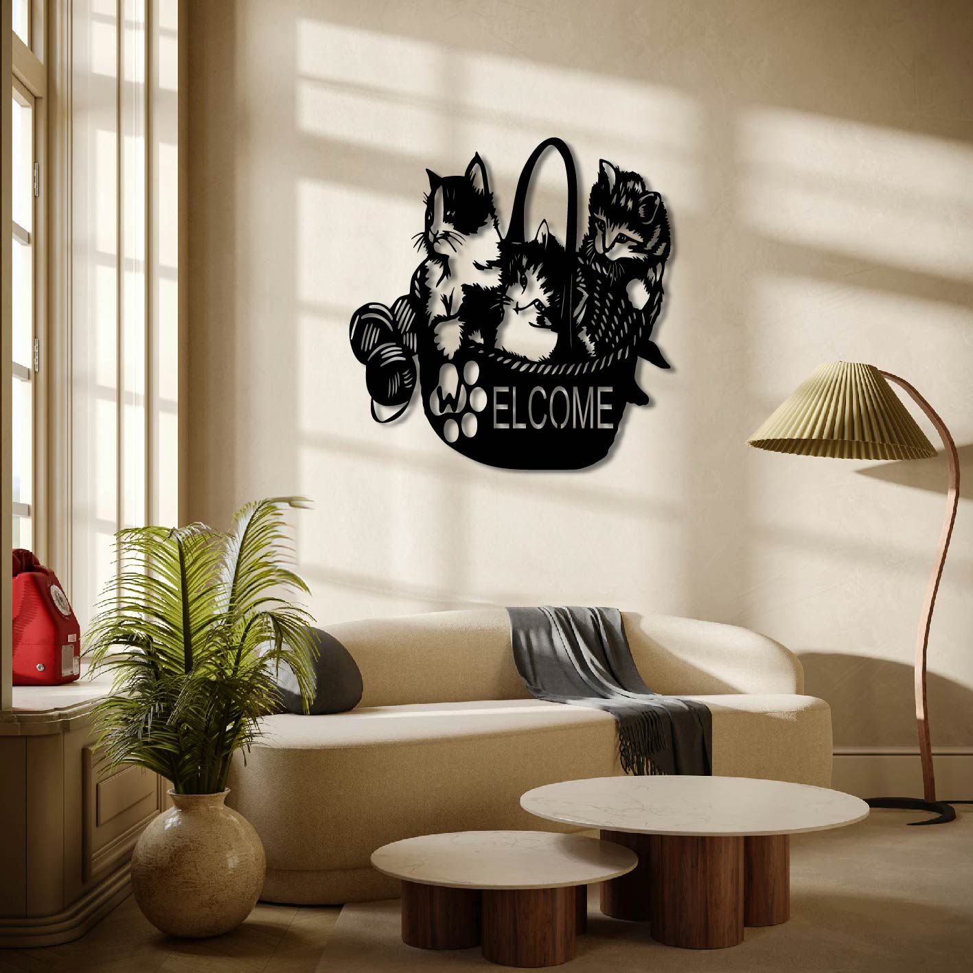 WELCOME CATS IN BASKET METAL WALL ART