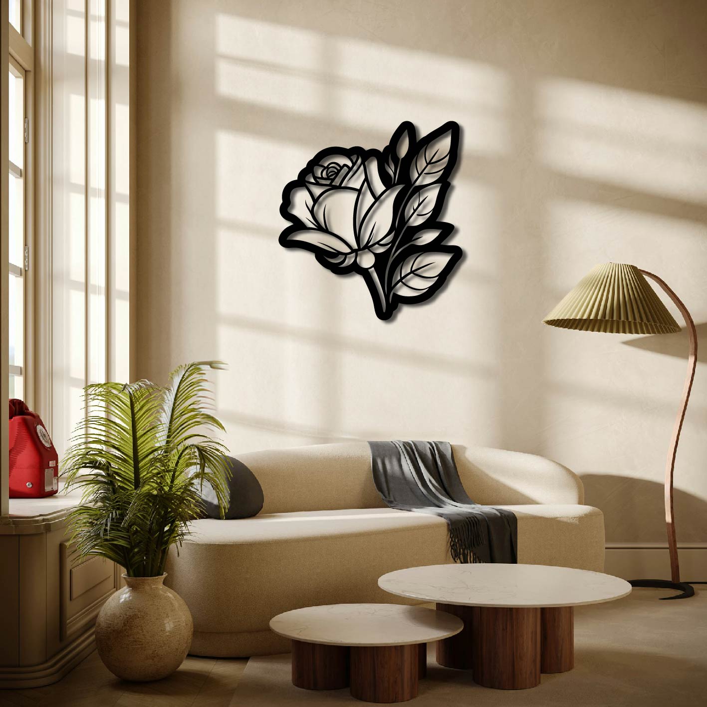 ROSE AND LEAVES INVERTED METAL WALL ART