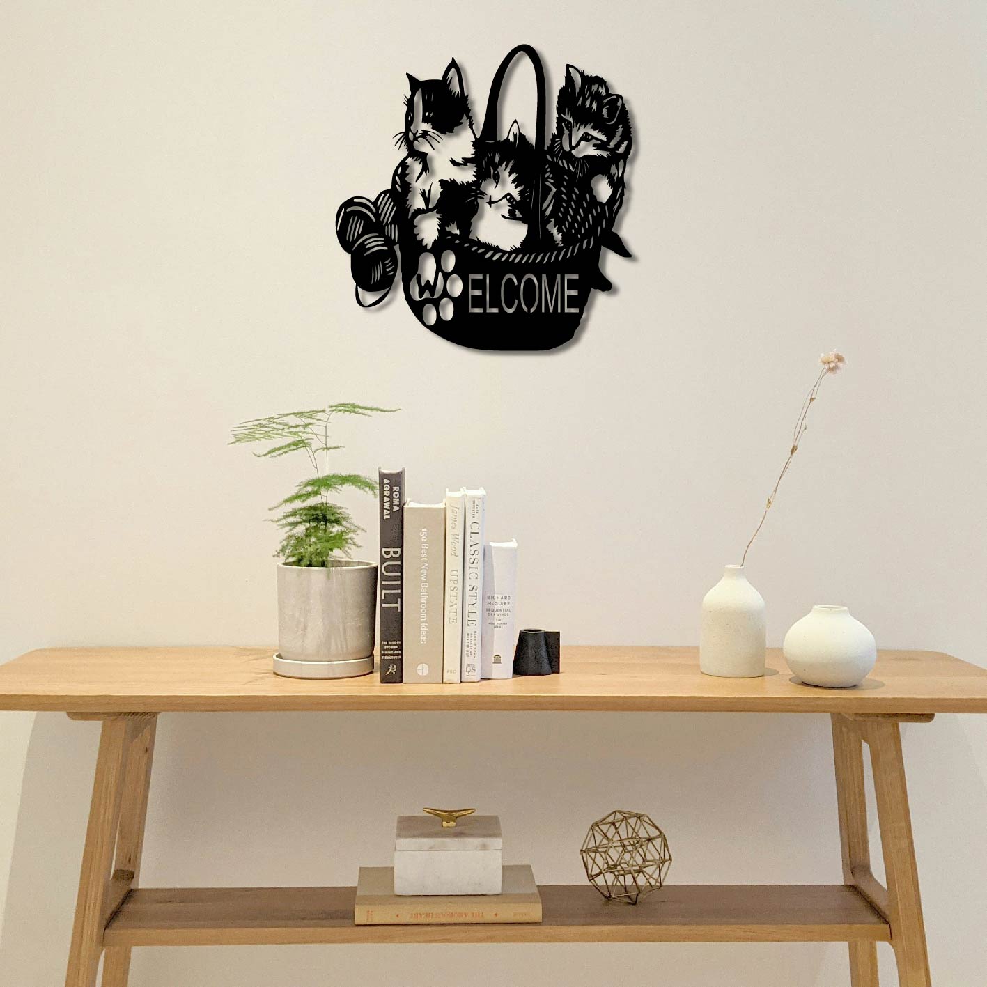 WELCOME CATS IN BASKET METAL WALL ART