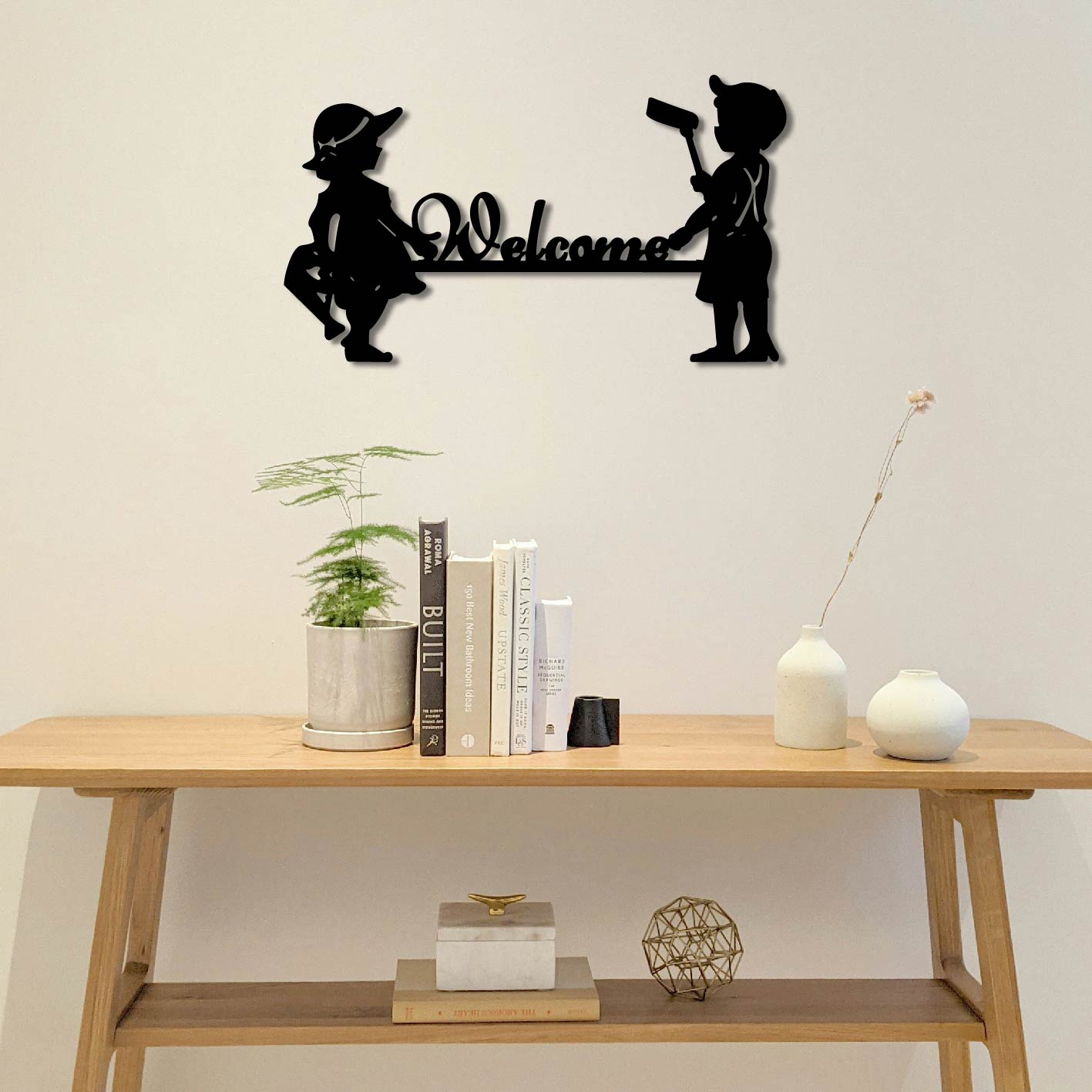 WELCOME CUTE BOY AND GIRL SIGN METAL WALL ART
