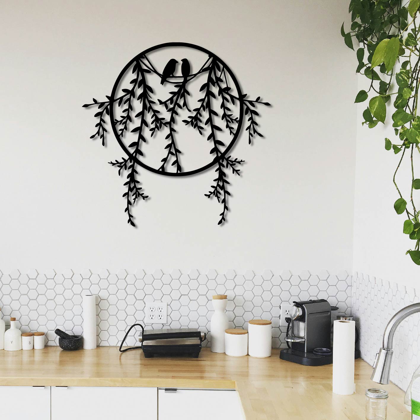 CIRCLE BIRDS ON BRANCH METAL WALL ART