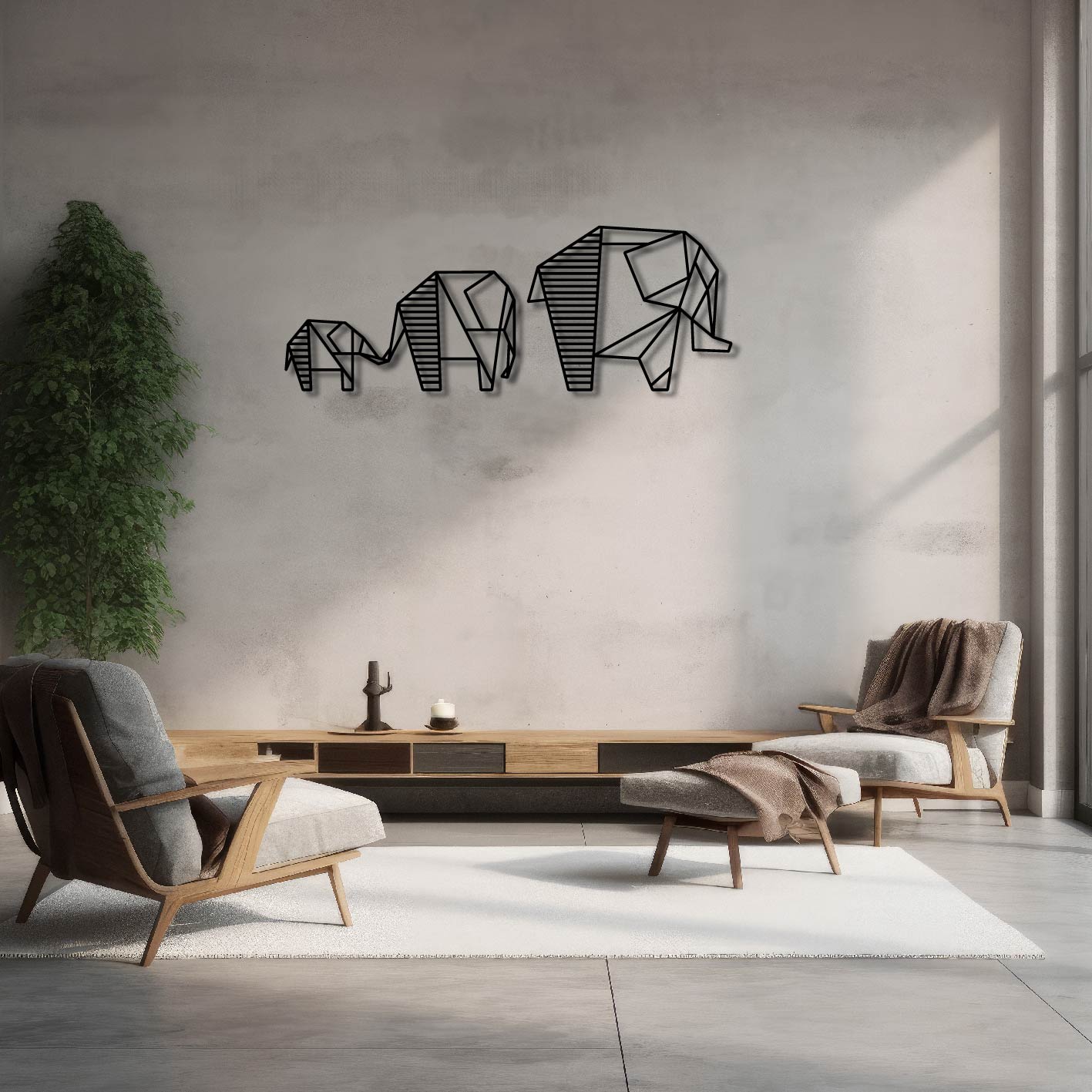 Elephant Family Geometric Metal Wall Art Frame