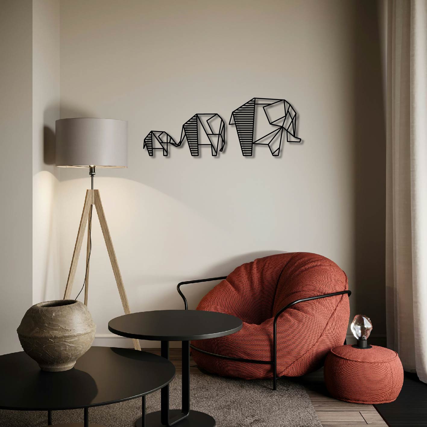 Elephant Family Geometric Metal Wall Art Frame