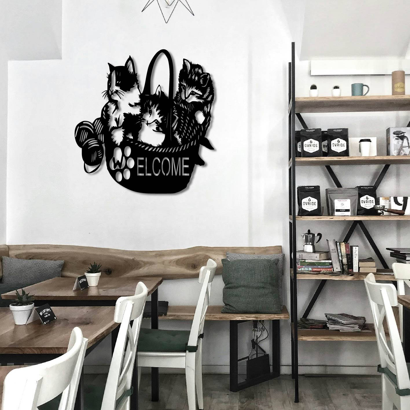 WELCOME CATS IN BASKET METAL WALL ART