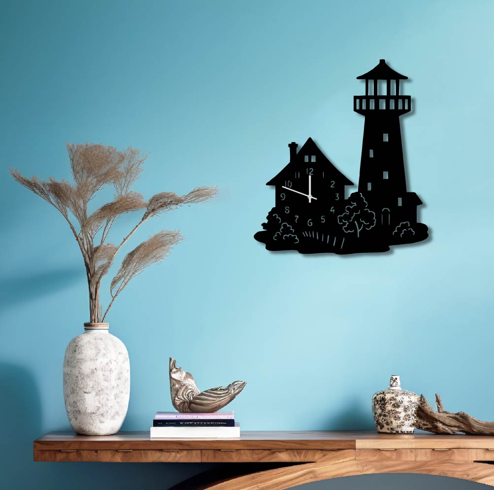 LIGHTHOUSE AND HOUSE METAL WALL ART CLOCK
