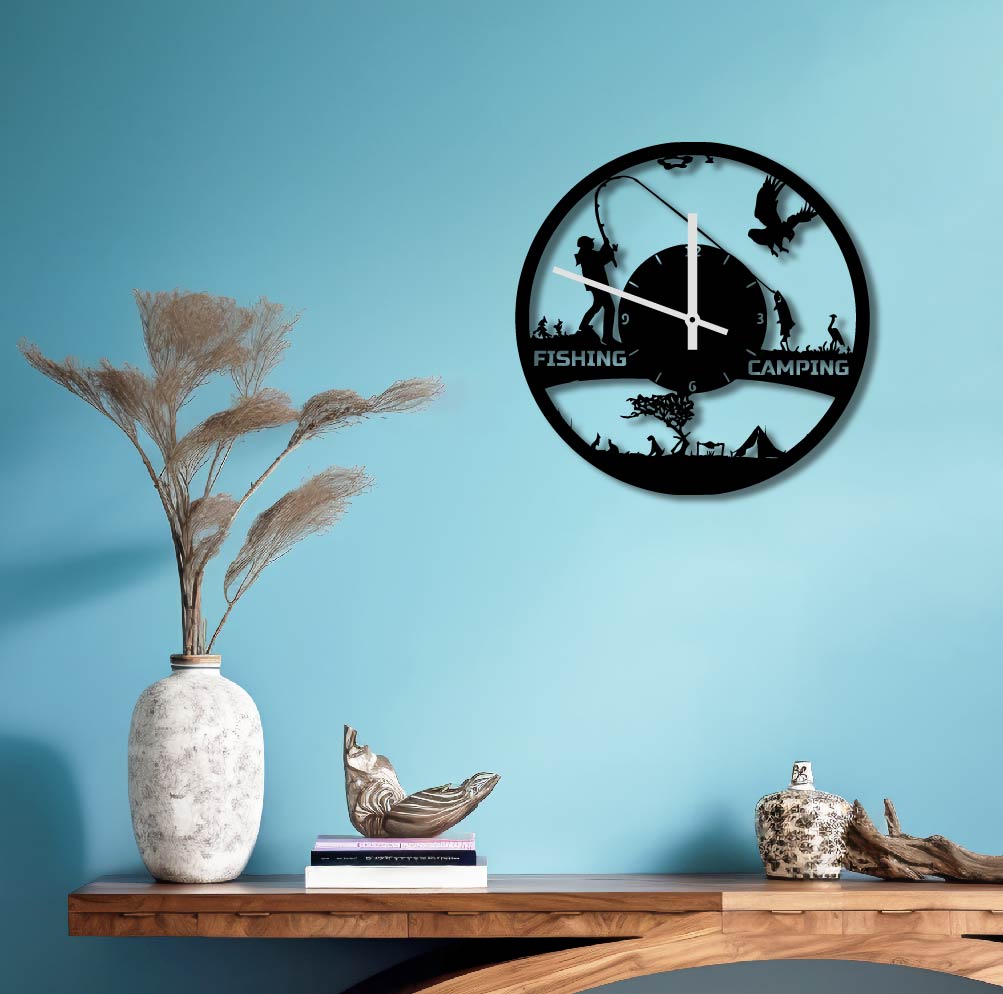 FISHING CAMPING METAL WALL ART CLOCK