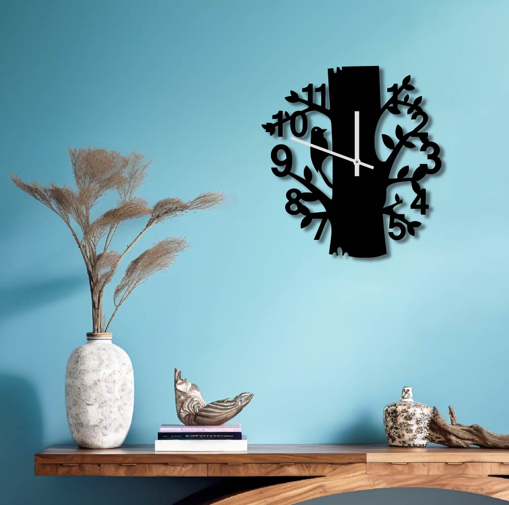 TREE TRUNK BIRD METAL WALL ART CLOCK