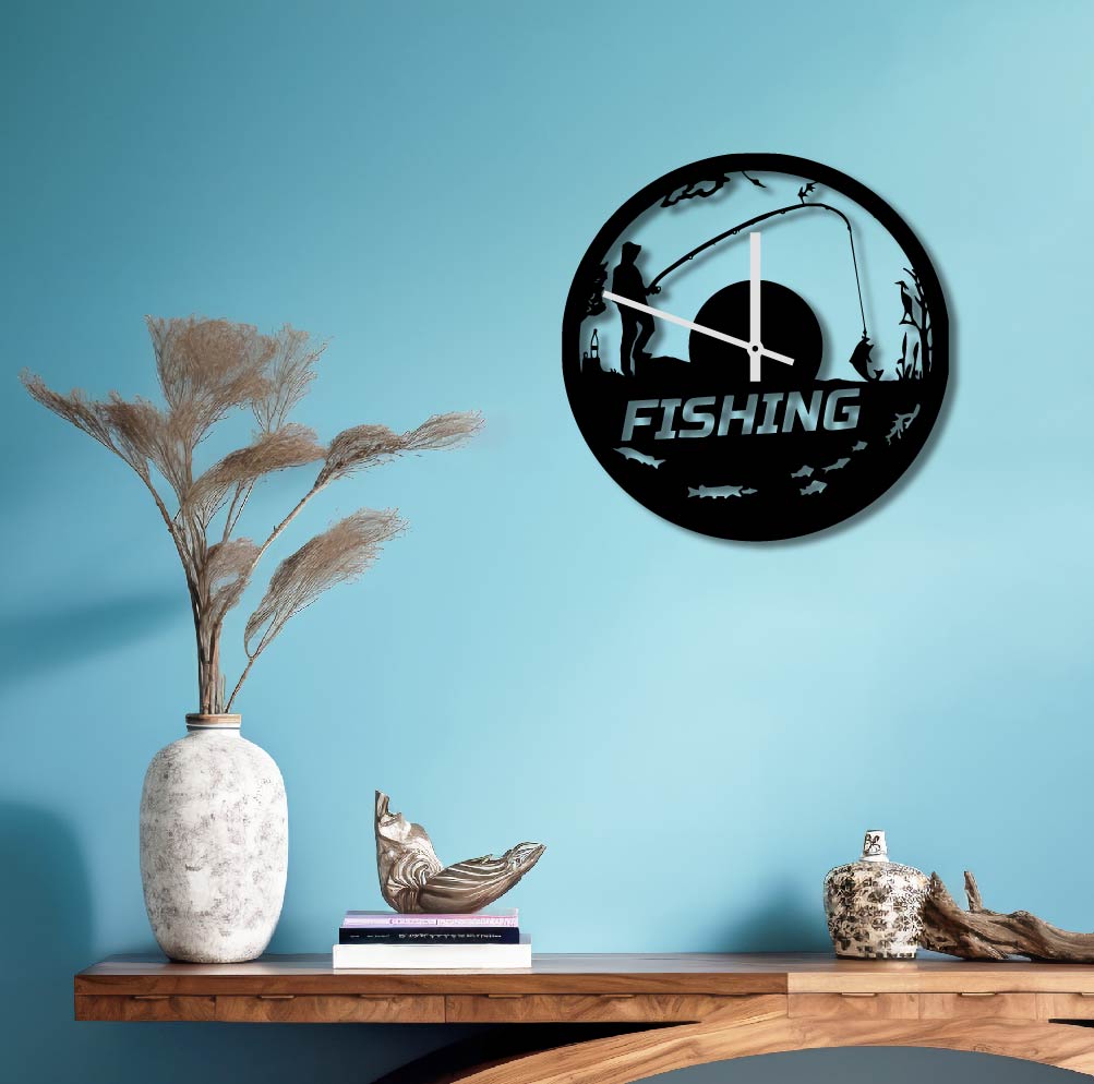FISHING LANDSCAPE METAL WALL ART CLOCK