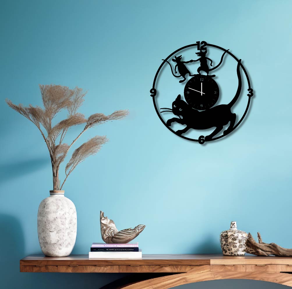 CAT AND MOUSE METAL WALL ART CLOCK