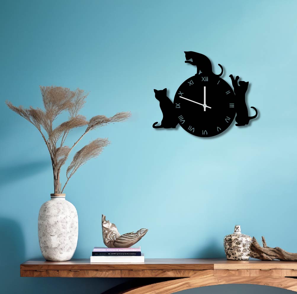 CATS ROMAN NUMERAL METAL WALL ART CLOCK