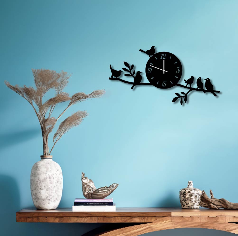 BIRDS ON BRANCH METAL WALL ART CLOCK