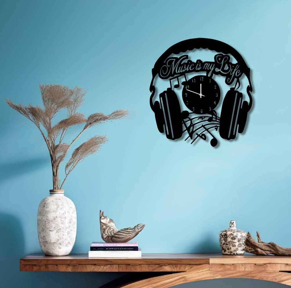 MUSIC IS MY STYLE HEADPHONES METAL WALL ART CLOCK