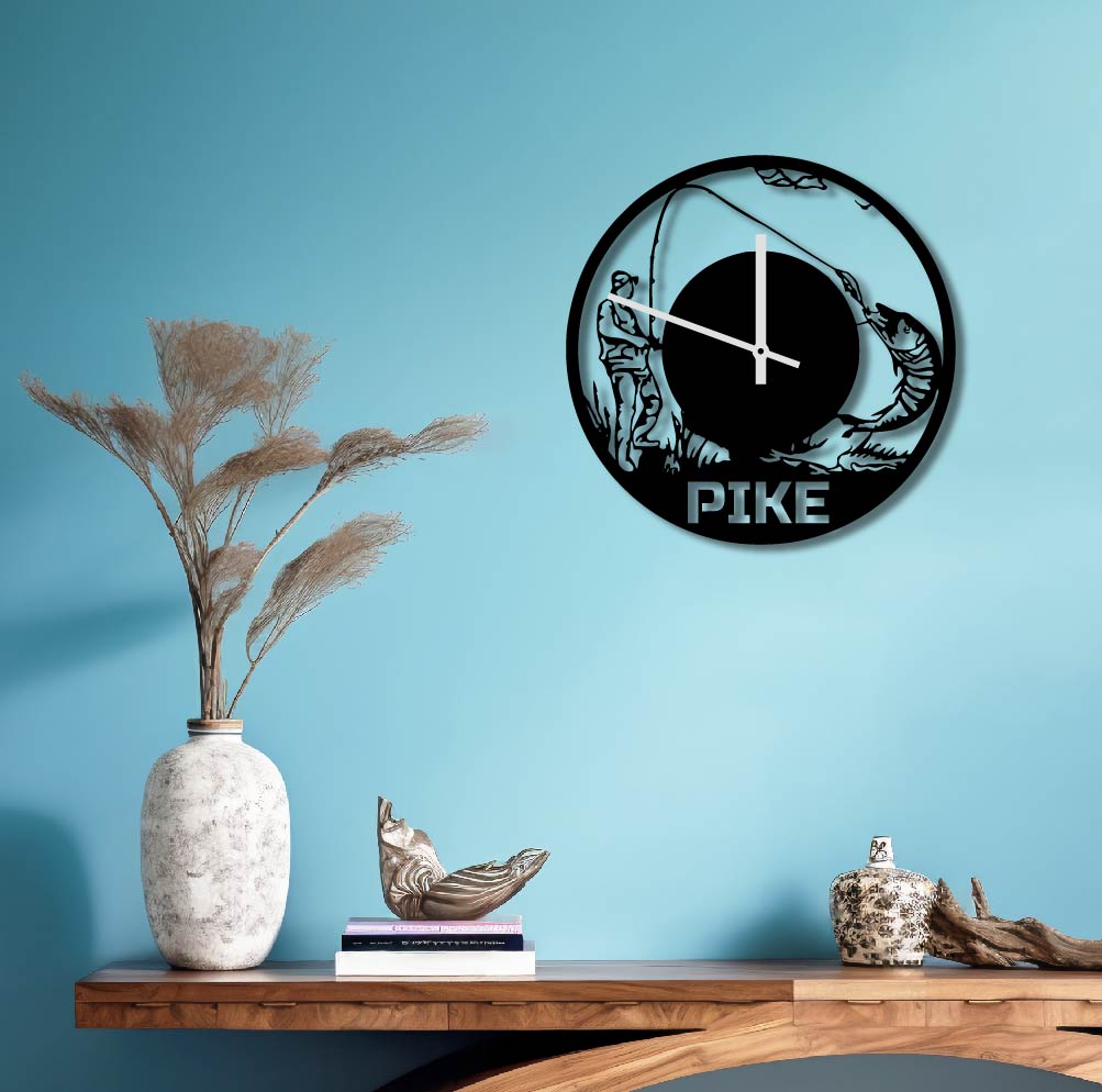 PIKE FISHING METAL WALL ART CLOCK
