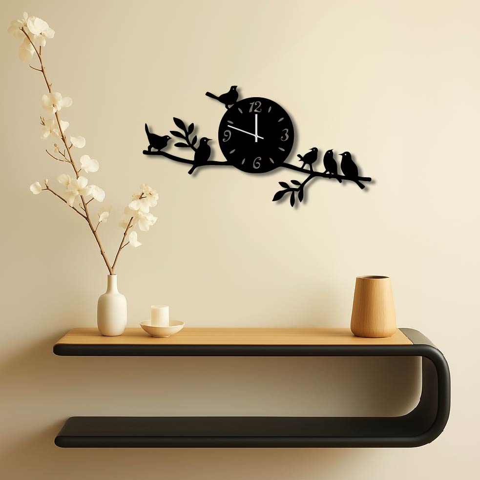 BIRDS ON BRANCH METAL WALL ART CLOCK