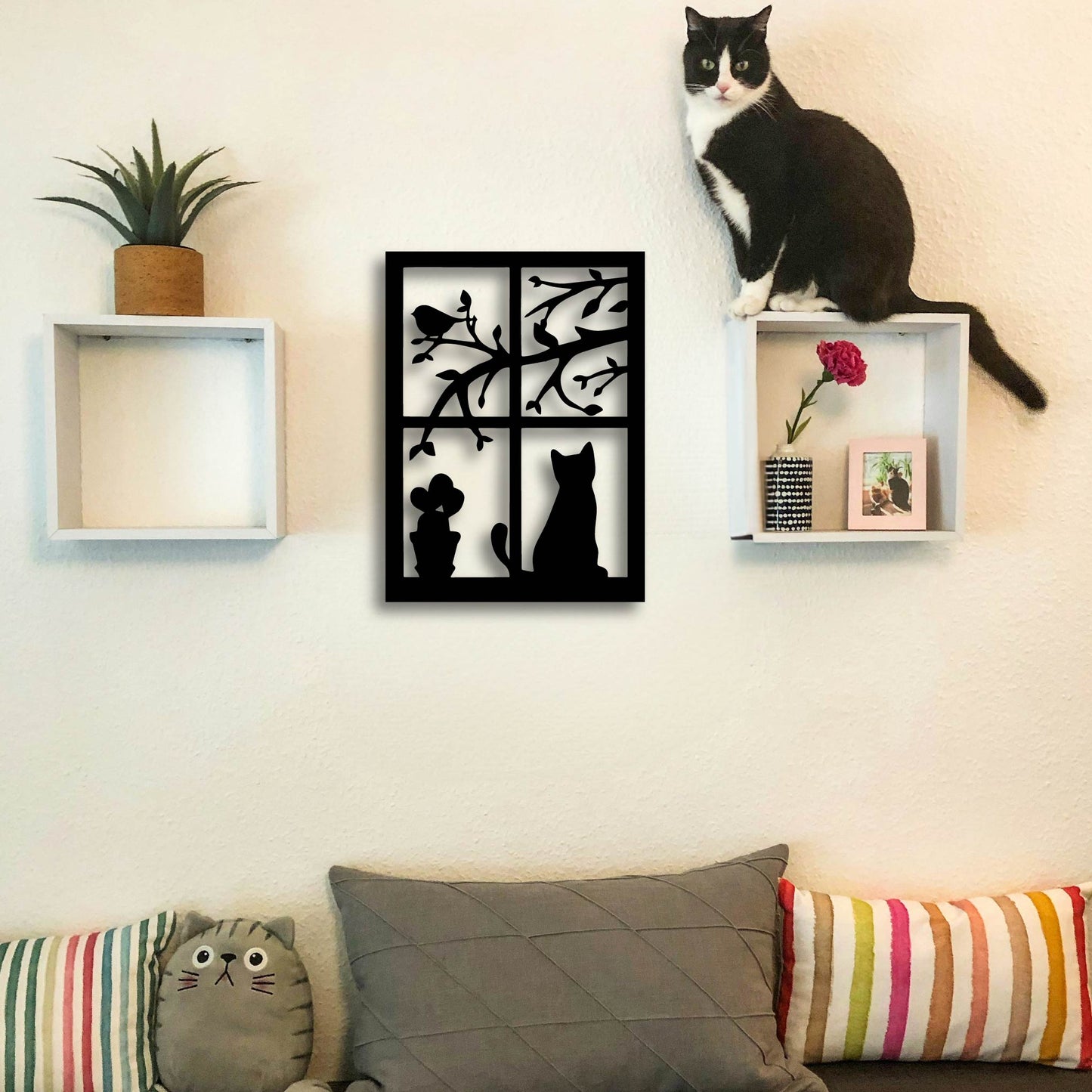 CAT IN WINDOW METAL WALL ART