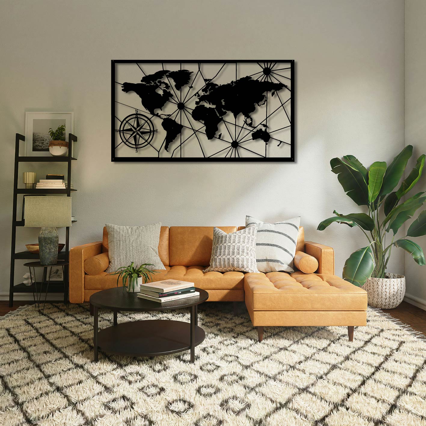 WORLD MAP AND COMPASS METAL WALL ART