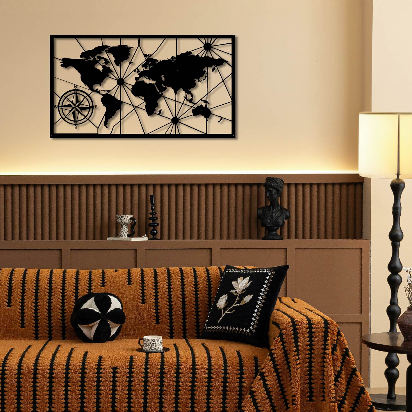 WORLD MAP AND COMPASS METAL WALL ART