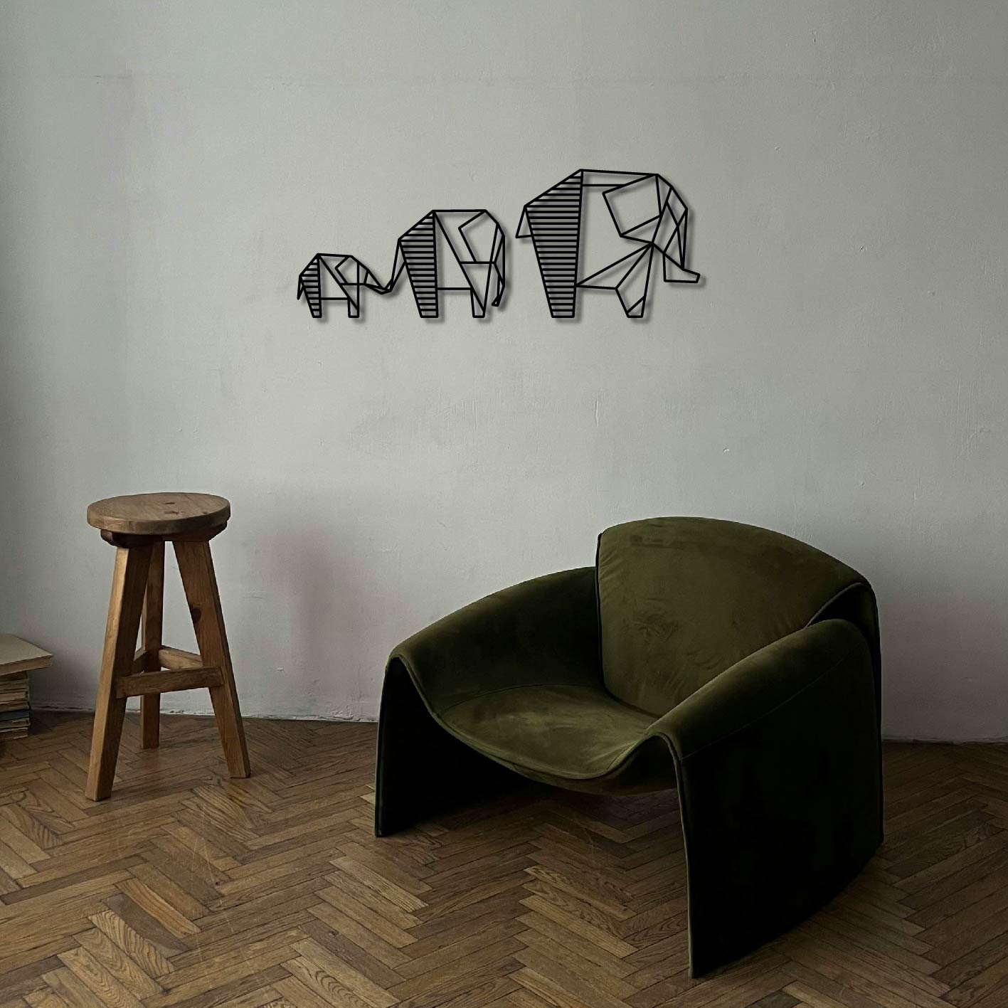 Elephant Family Geometric Metal Wall Art Frame