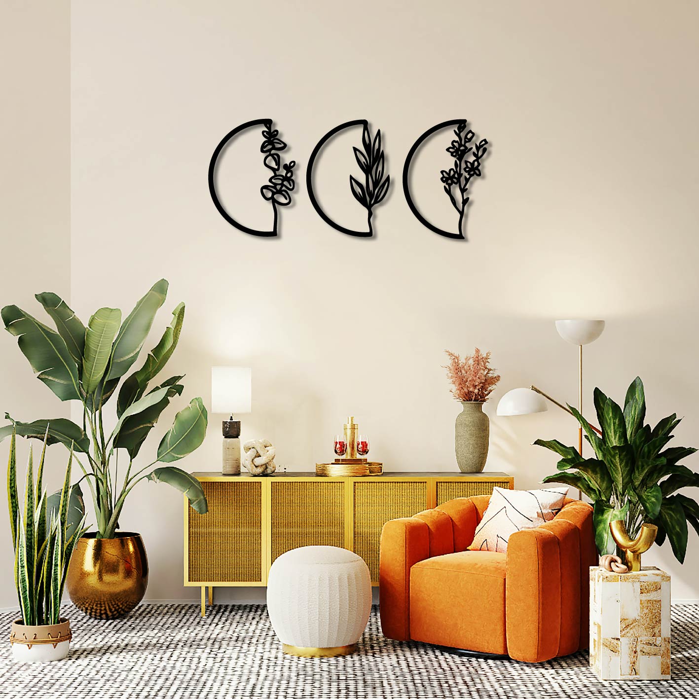 3 PIECE FLOWERS IN SEMI CIRCLES METAL WALL ART