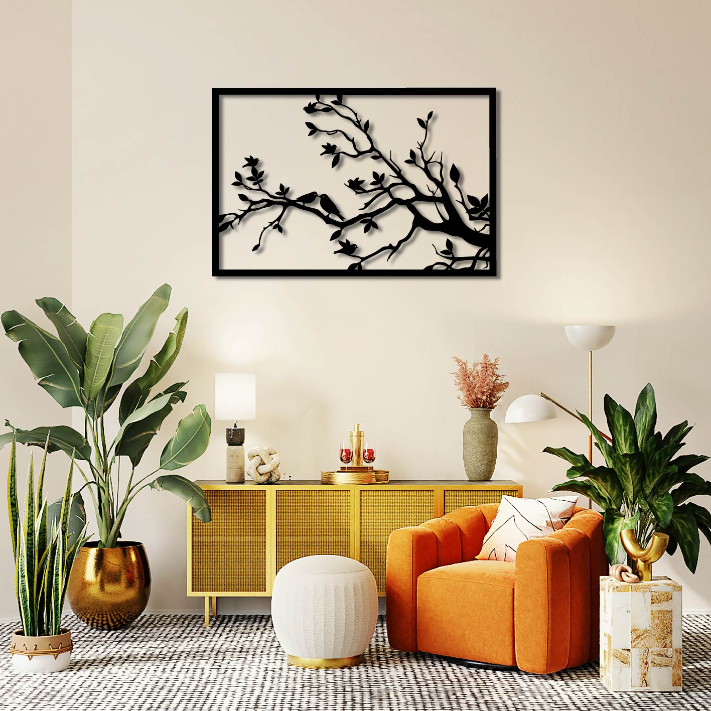 BIRDS ON TREE BRANCH FRAME METAL WALL ART