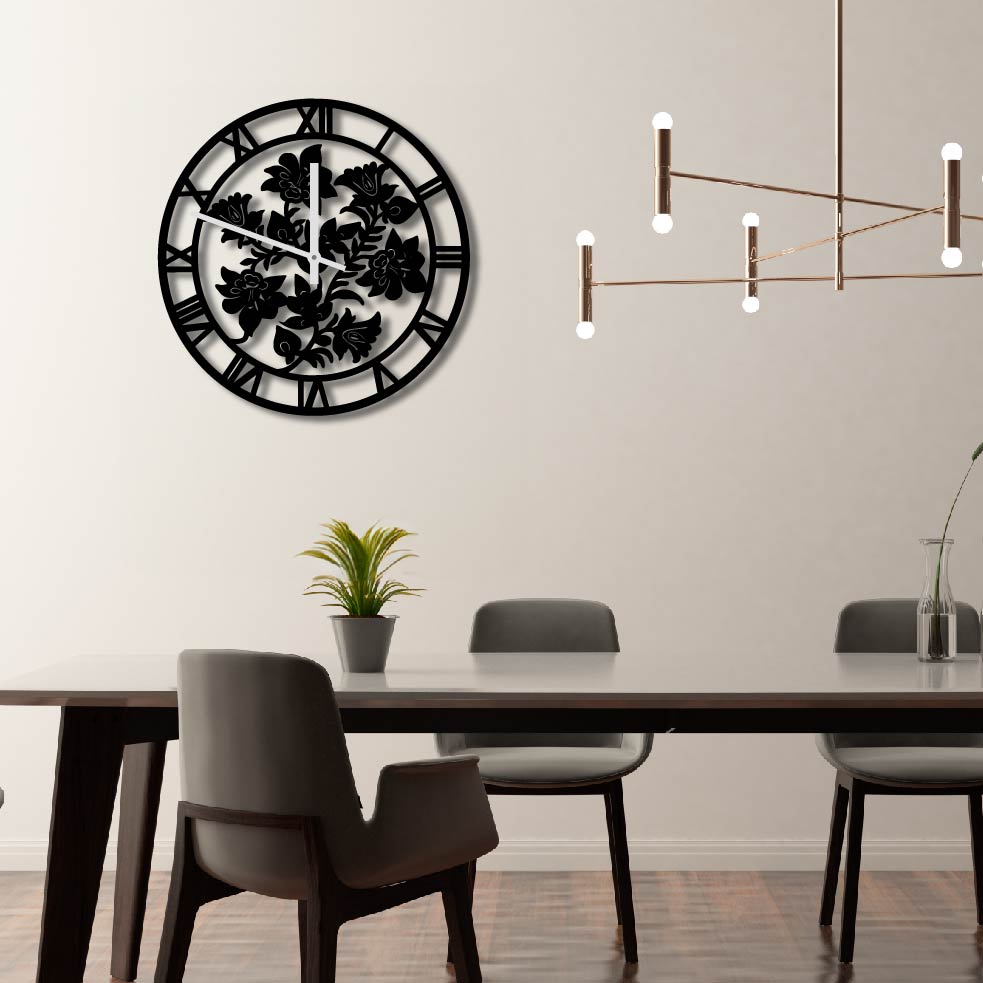 ROMAN NUMERAL FLOWERS METAL WALL ART CLOCK
