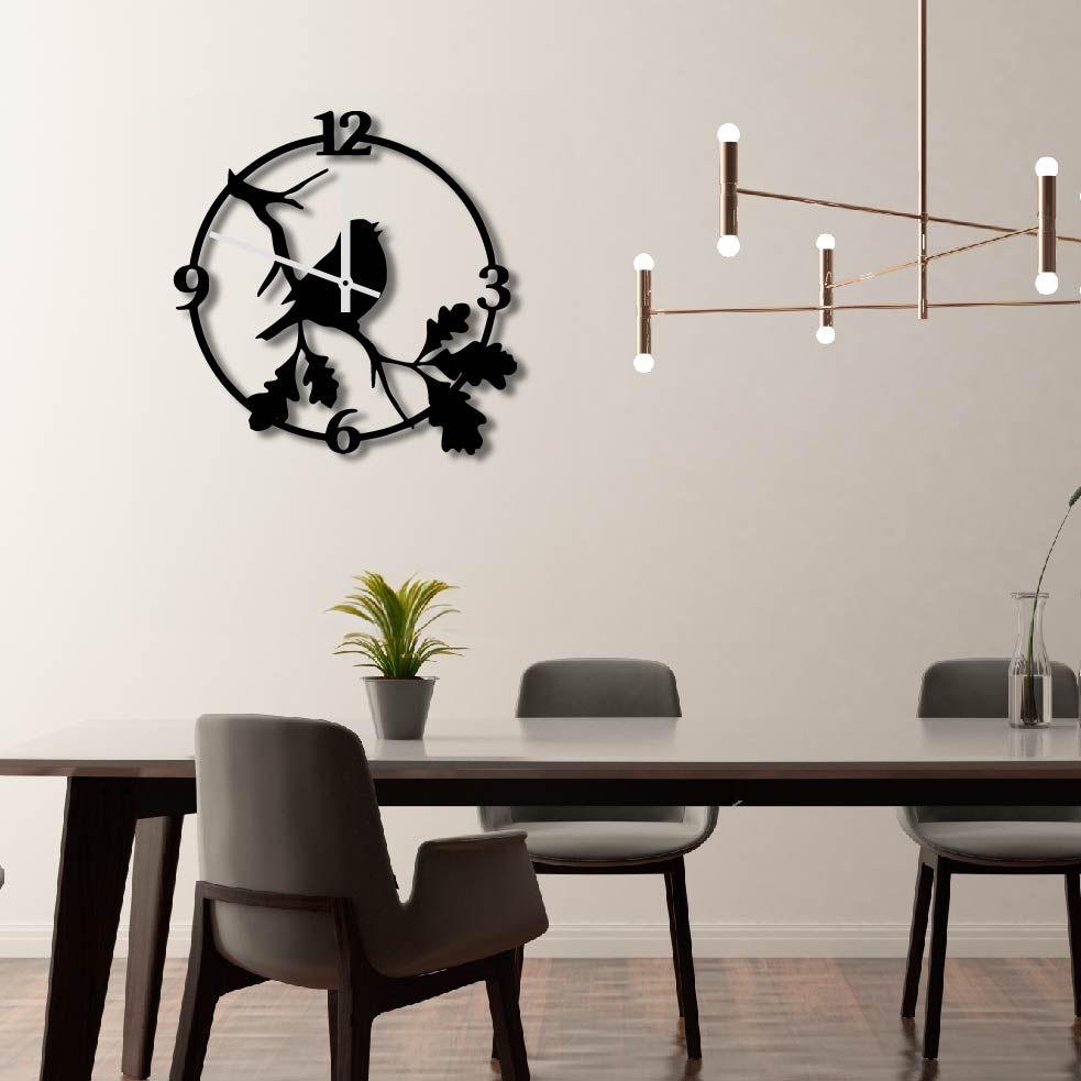 BIRD ON BRANCH METAL WALL ART CLOCK