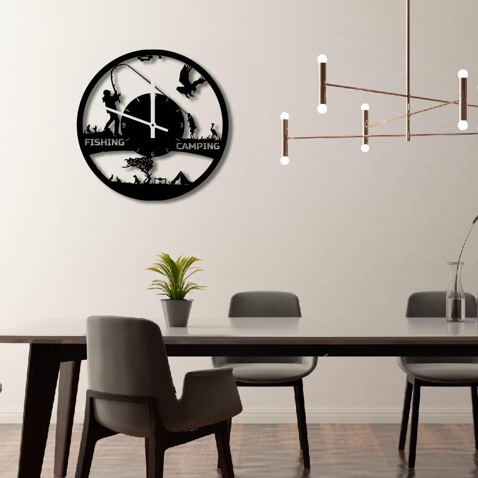 FISHING CAMPING METAL WALL ART CLOCK