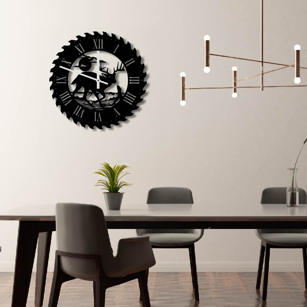 DEER STALKING METAL WALL ART CLOCK