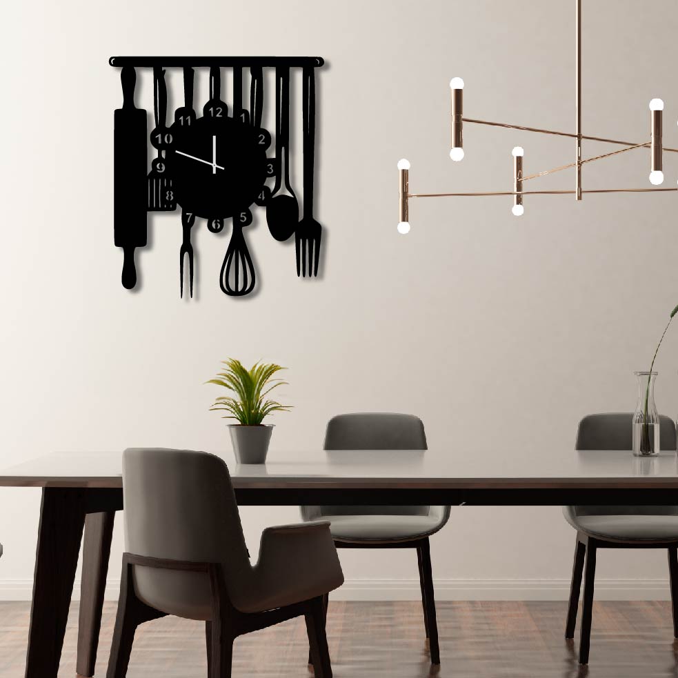 HANGING KITCHEN UTENSILS METAL WALL ART CLOCK