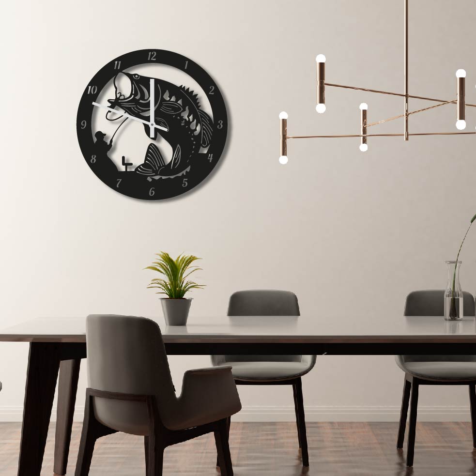 BASS FISH METAL WALL ART CLOCK