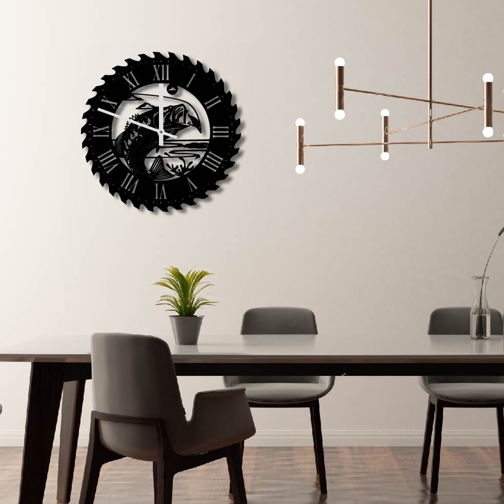 BASS FISHING METAL WALL ART CLOCK