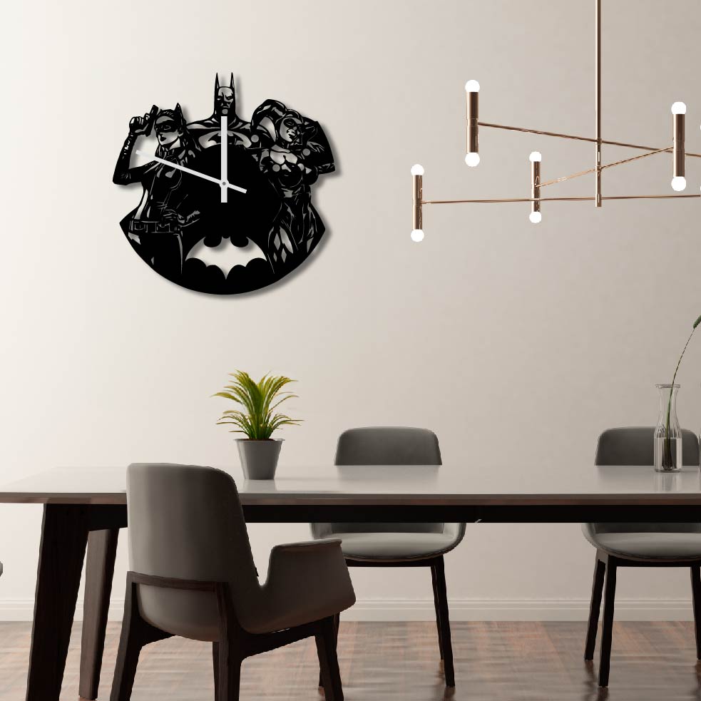 BATMAN CATWOMAN AND HARLEY METAL WALL ART CLOCK