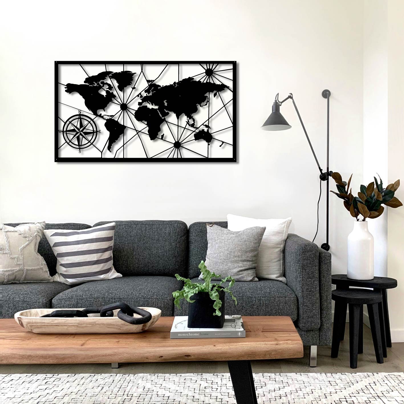 WORLD MAP AND COMPASS METAL WALL ART