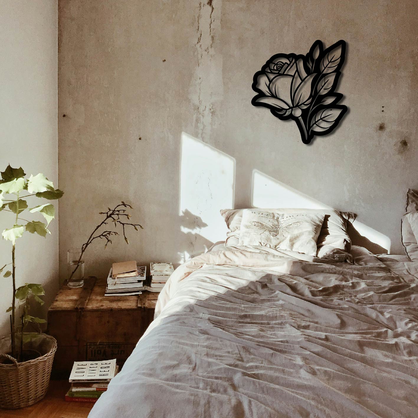 ROSE AND LEAVES INVERTED METAL WALL ART