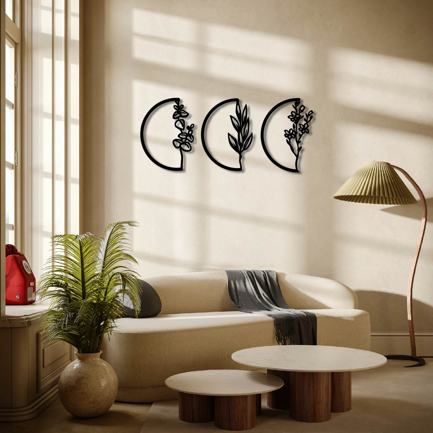 3 PIECE FLOWERS IN SEMI CIRCLES METAL WALL ART