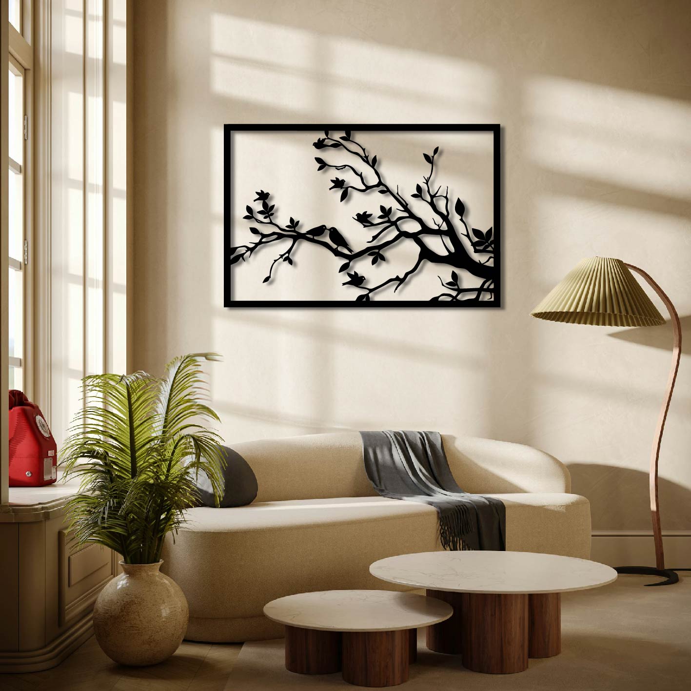 BIRDS ON TREE BRANCH FRAME METAL WALL ART