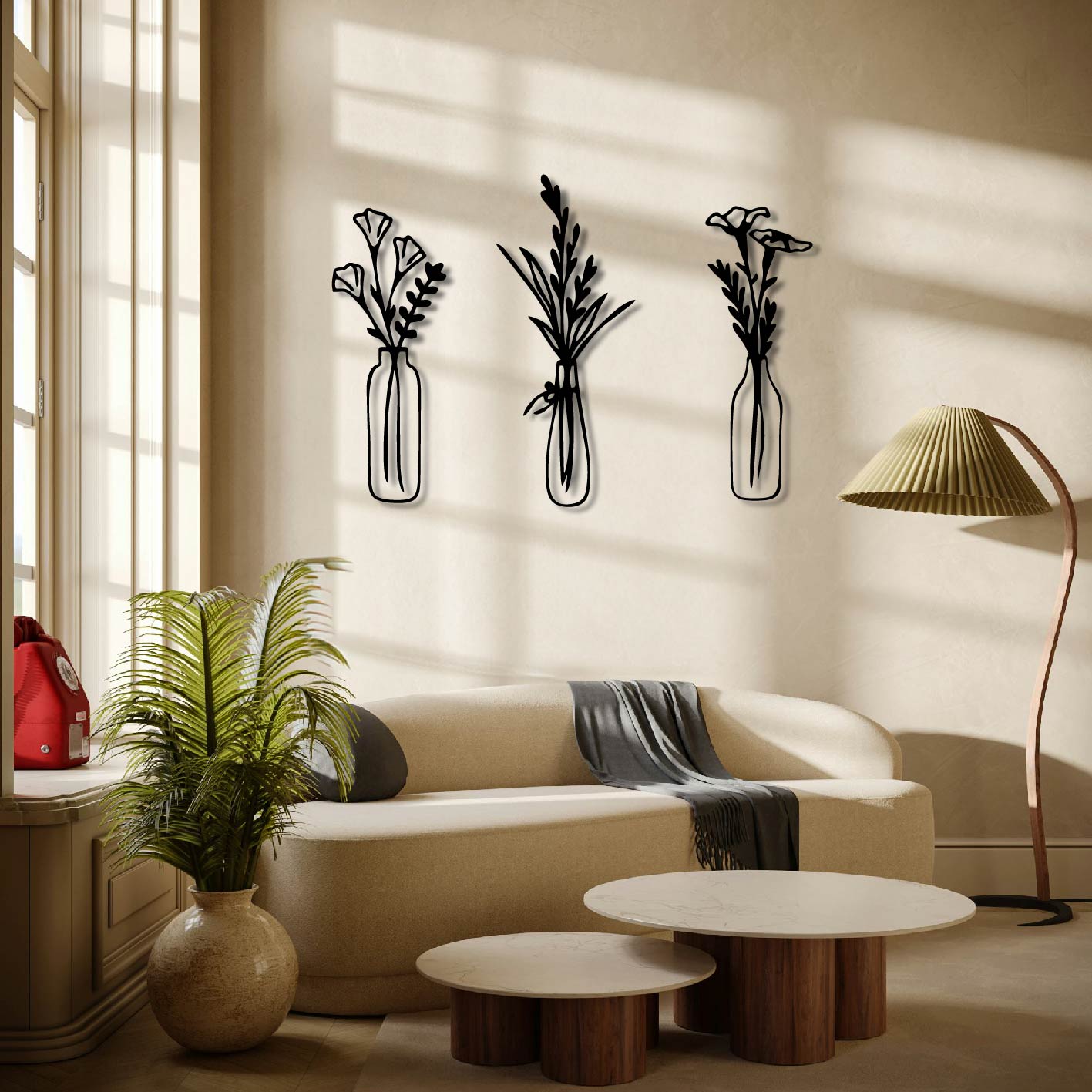 3 PIECE GLASS VASES WITH FLOWERS METAL WALL ART