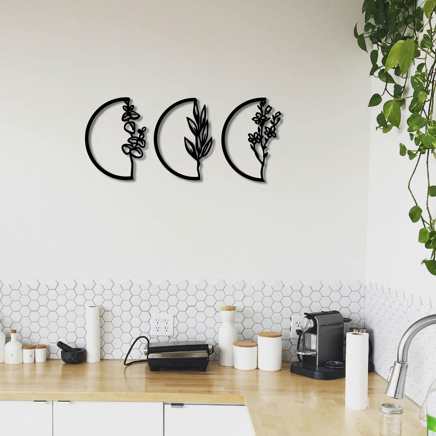 3 PIECE FLOWERS IN SEMI CIRCLES METAL WALL ART