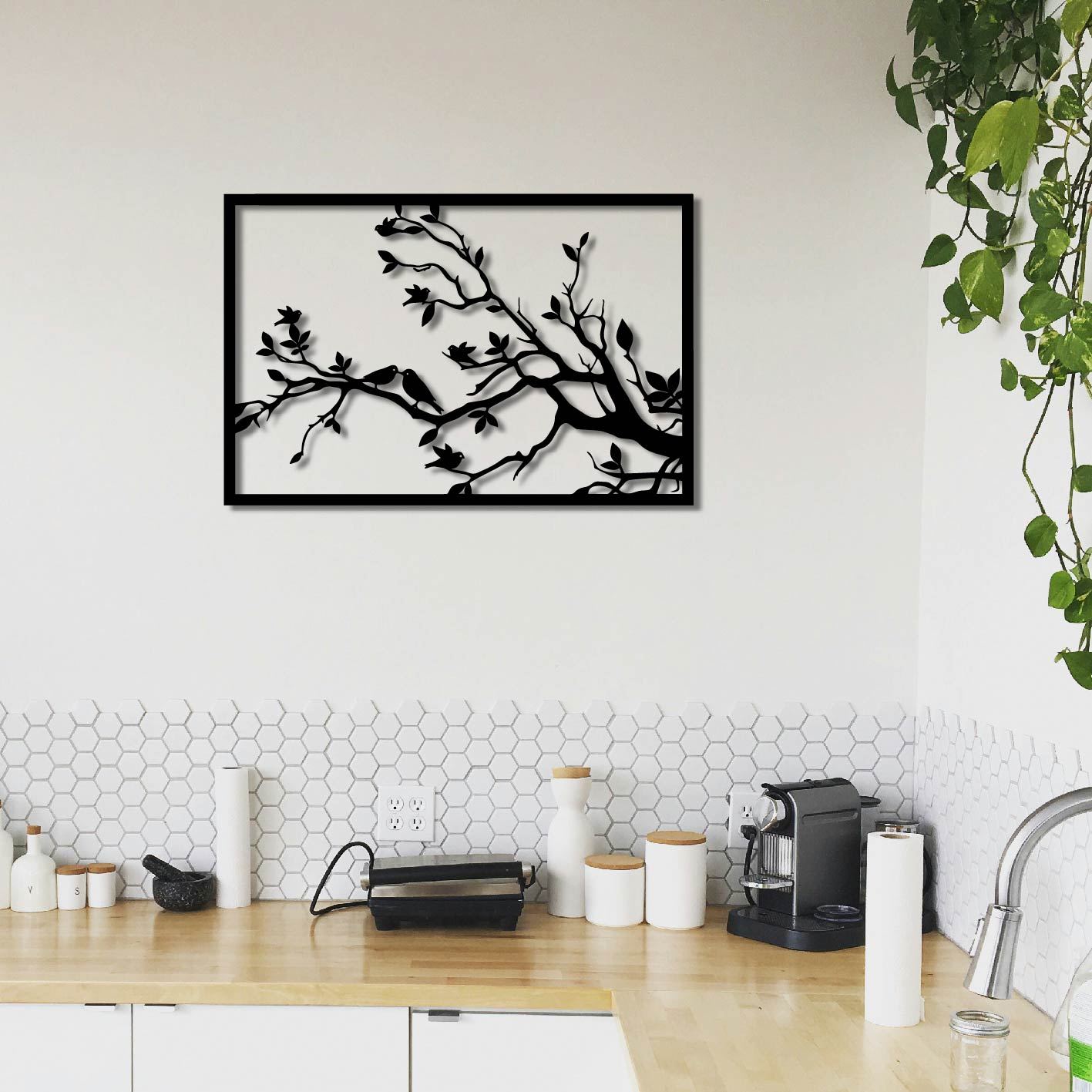BIRDS ON TREE BRANCH FRAME METAL WALL ART